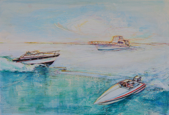 original boating magazine Bertram boats watercolor painting 22"30'