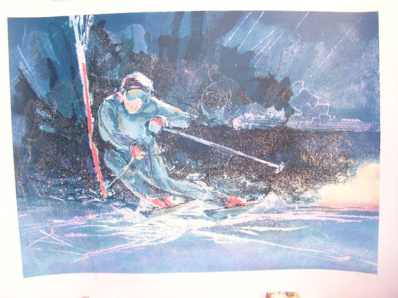 skier Sarajevo Olympics winter original watercolor Peter Dodge painting 22"30'