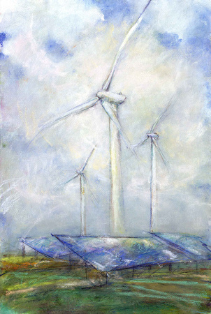 windturbines  and solar panels original watercolor painting 22"30' When in Maine I used to drive up into Acadia Park and park my 96 Ford station wagon onto the rocks and paint the beautiful sunset of