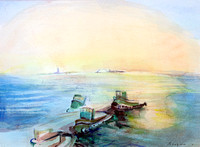 ny tugboats original watercolor painting 22"18