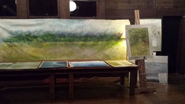 vista 20' x 6' panoramastory about long panoramaspainted on location in the Adirondack mountains the 24' one over a 8 year period on lodge rd during a number of painting trips.it was unfurled an after