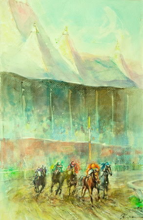 original watercolor painting 22"30' horse racing 1,800,saratoga