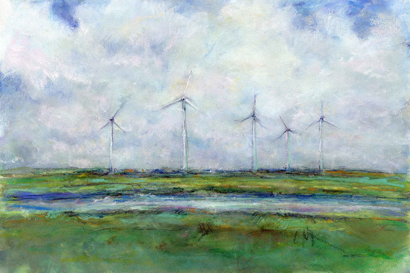 Wind turbines AC original watercolor painting 22"30'