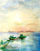 original watercolor painting 22"18'ny  tugboats 2